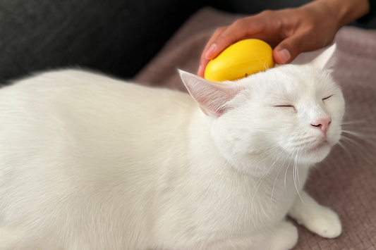 Toilettage d'un chat blanc avec une brosse pour poils de chats