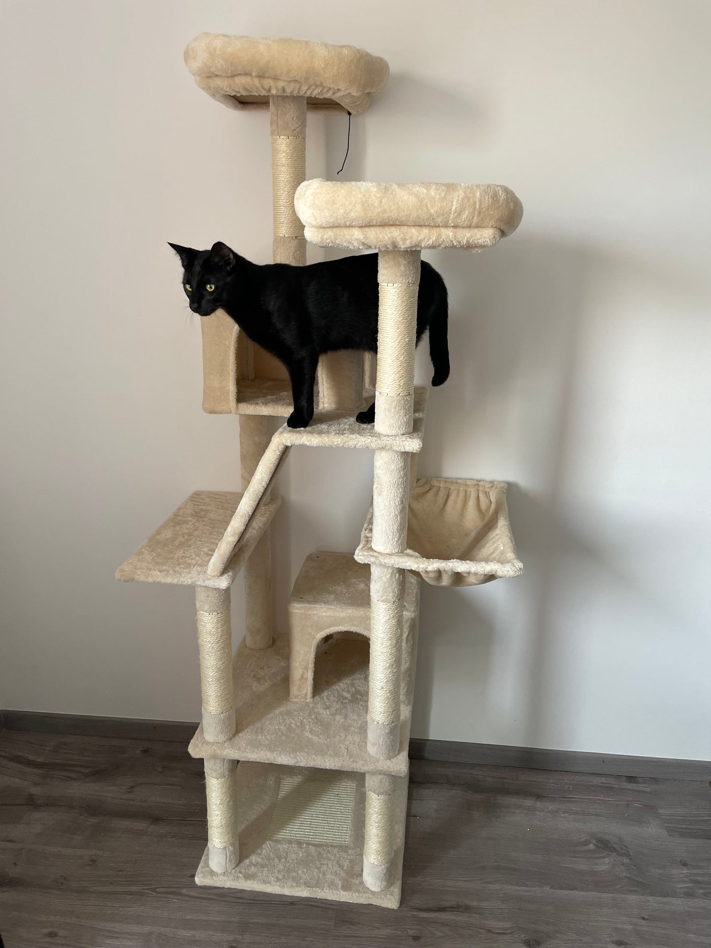 Arbre à Chat Haut Coeur de Chat, un chat noir sur ses 4 pattes à mi-hauteur de l'arbre à chat